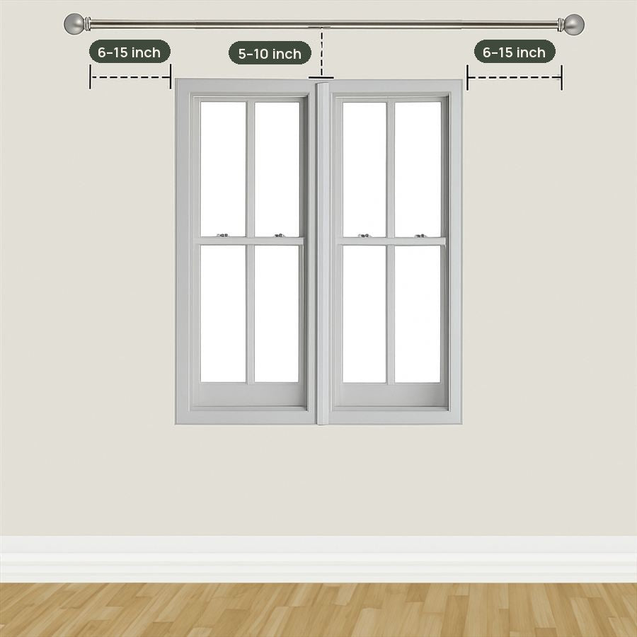 Rod placement: 6 to 15 inches past the window frame on each side and 5 to 10 inches above it