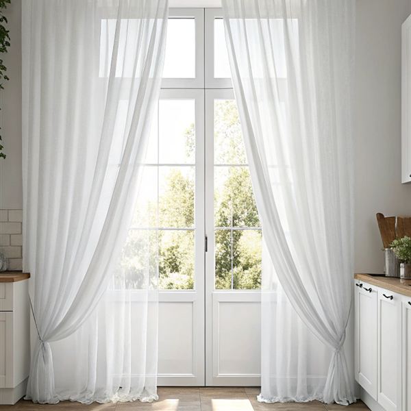 White sheer curtains at a pair of French doors