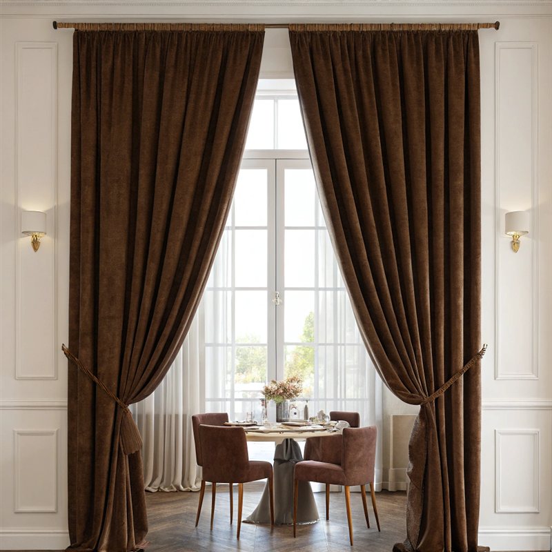 Brown velvet curtains in a formal dining room
