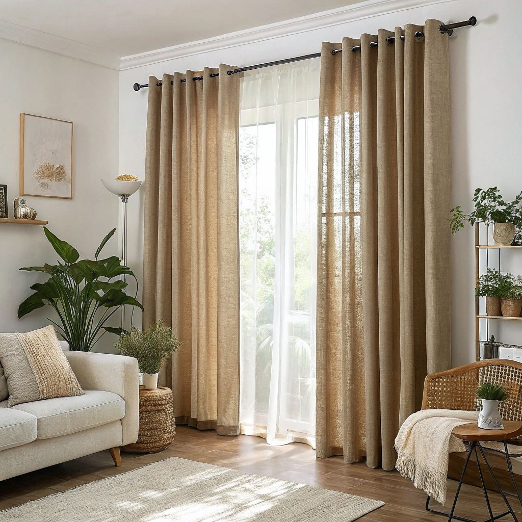Beige linen grommet curtains on a black rod in a bright living room