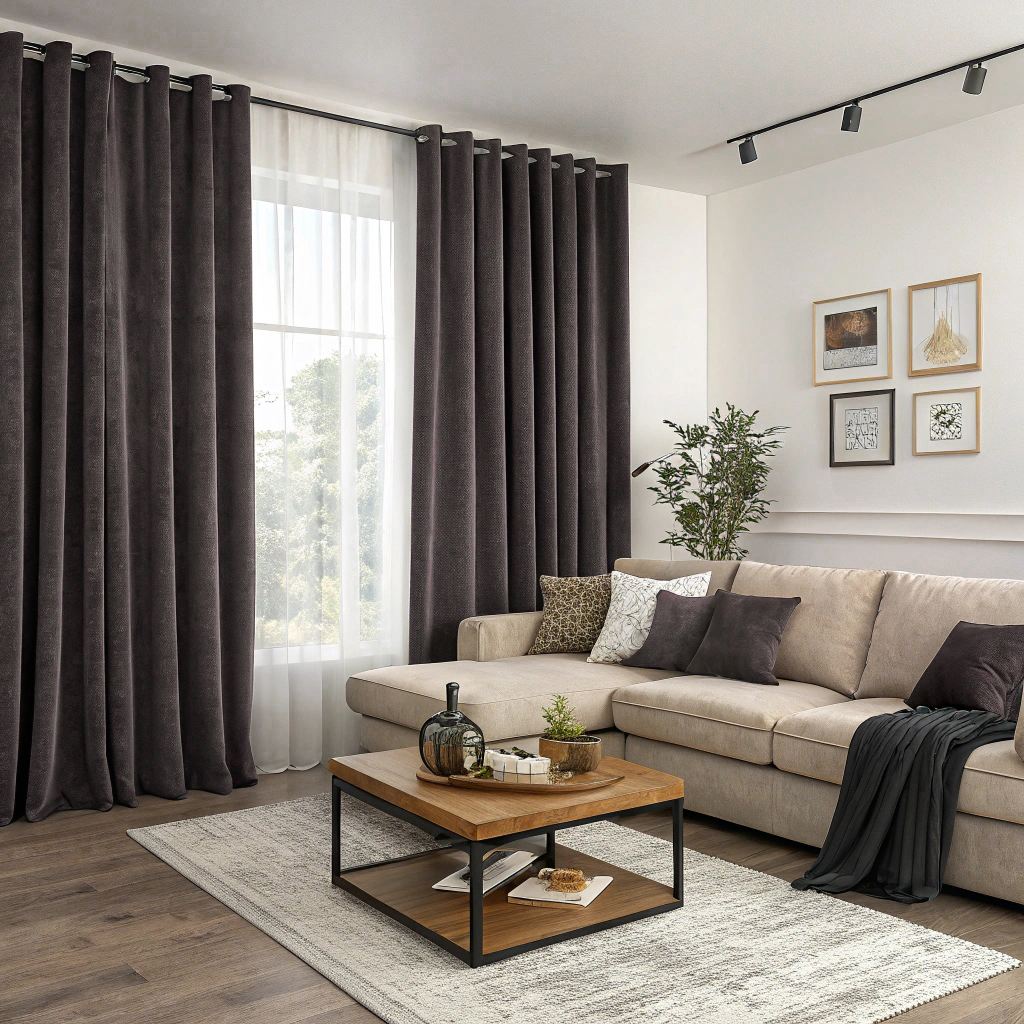 Charcoal velvet grommet curtains in a modern living room