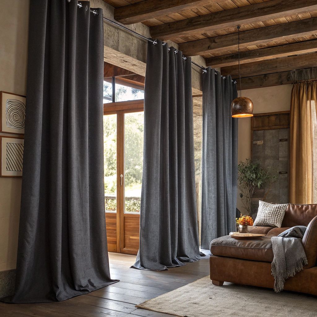 Charcoal velvet grommet curtains in a loft with timber beams