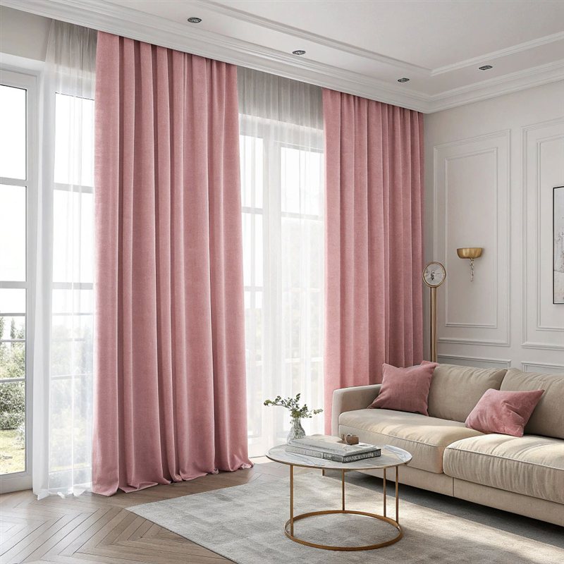 Pink velvet curtains over white sheers in a living room