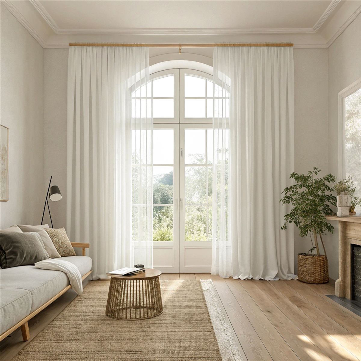 White sheer curtains in a bright living room with an arched window