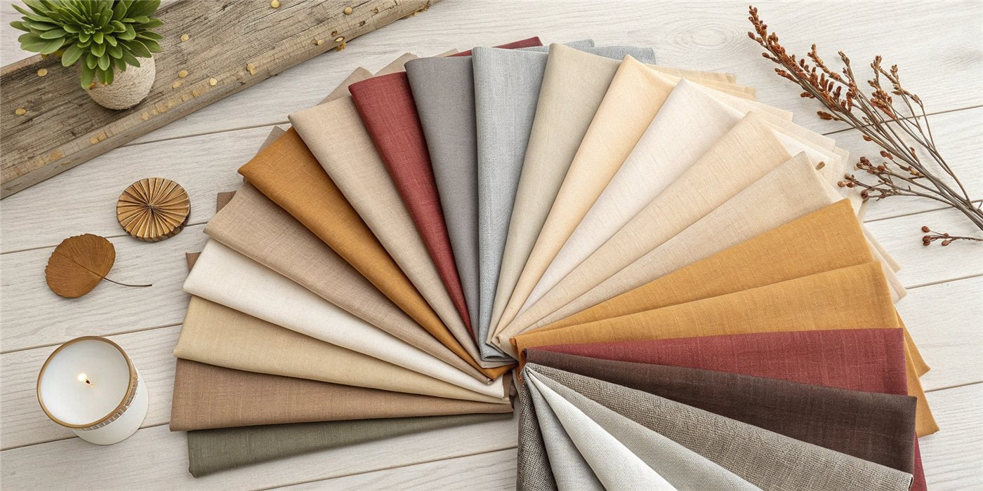 A fan of linen-look fabric swatches in warm neutrals, terracotta and gray